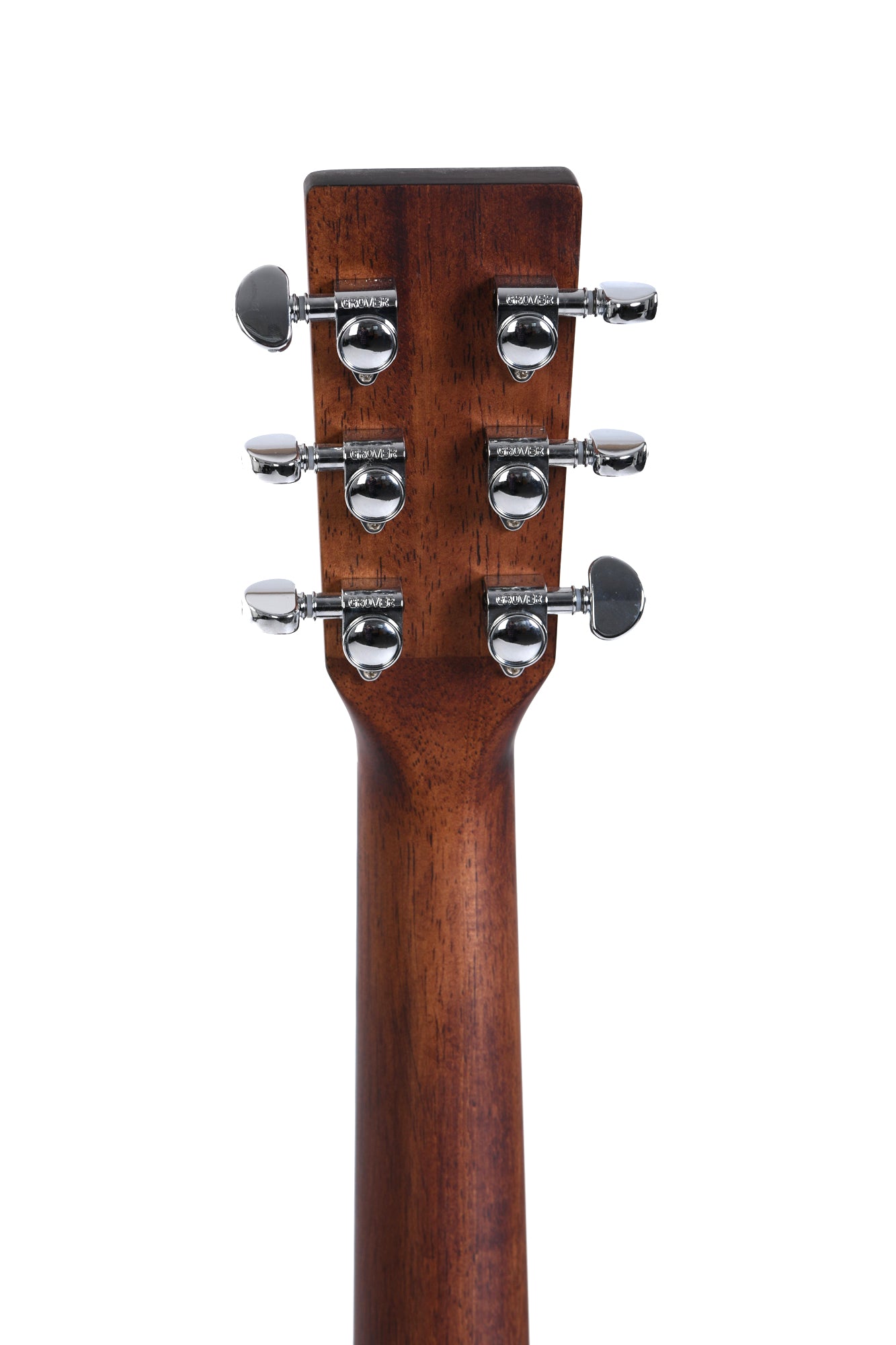 Back of an acoustic guitar’s headstock showing six chrome tuning pegs on a brown wooden neck.