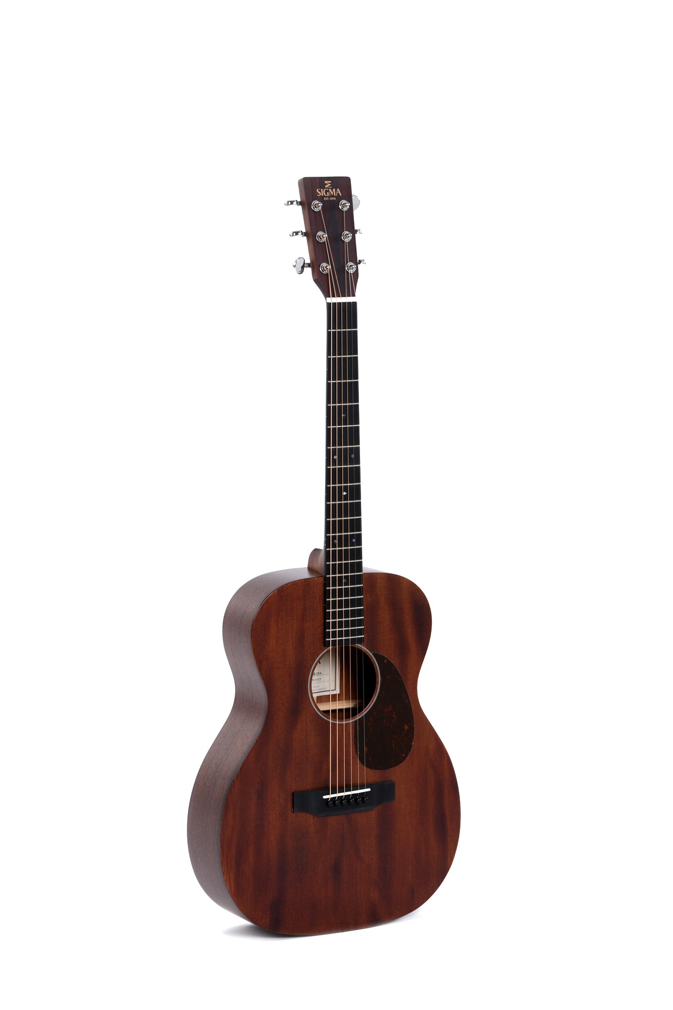Dark brown acoustic guitar with a matte finish, six strings, and a round sound hole. The headstock has the Sigma logo in gold letters.
