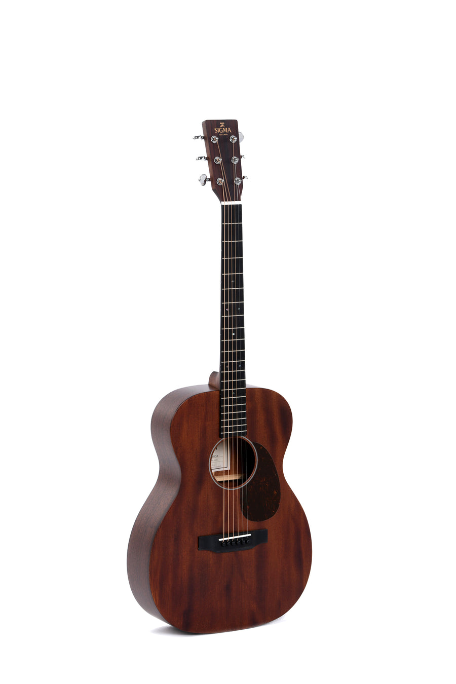 Dark brown acoustic guitar with a matte finish, six strings, and a round sound hole. The headstock has the Sigma logo in gold letters.