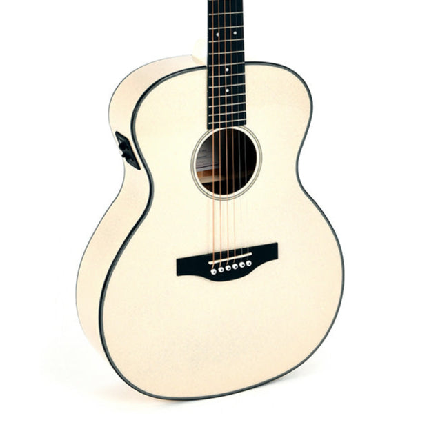 Acoustic guitar with a smooth matte white finish, black bridge and pickguard, circular sound hole, and dark edge binding.