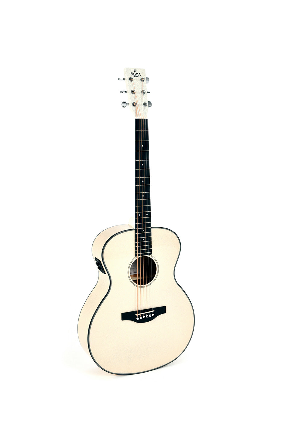 Steel-string acoustic guitar with a light natural finish, dark fretboard, six tuning pegs, and round sound hole, featuring the Sigma brand on the headstock.