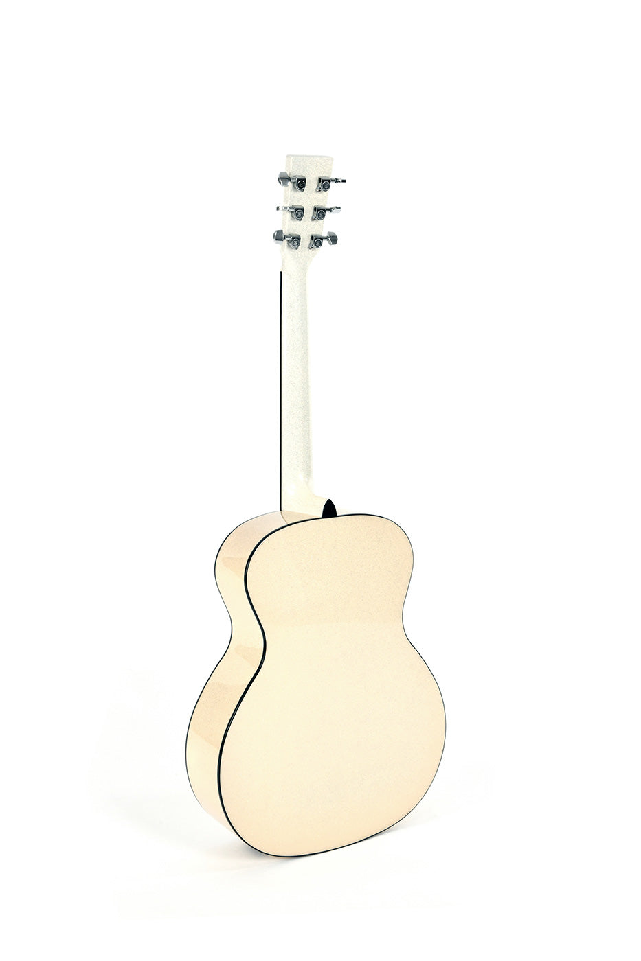 Cream-colored acoustic guitar shown from the back, with black tuning pegs and black trim outlining the body, neck, and headstock.