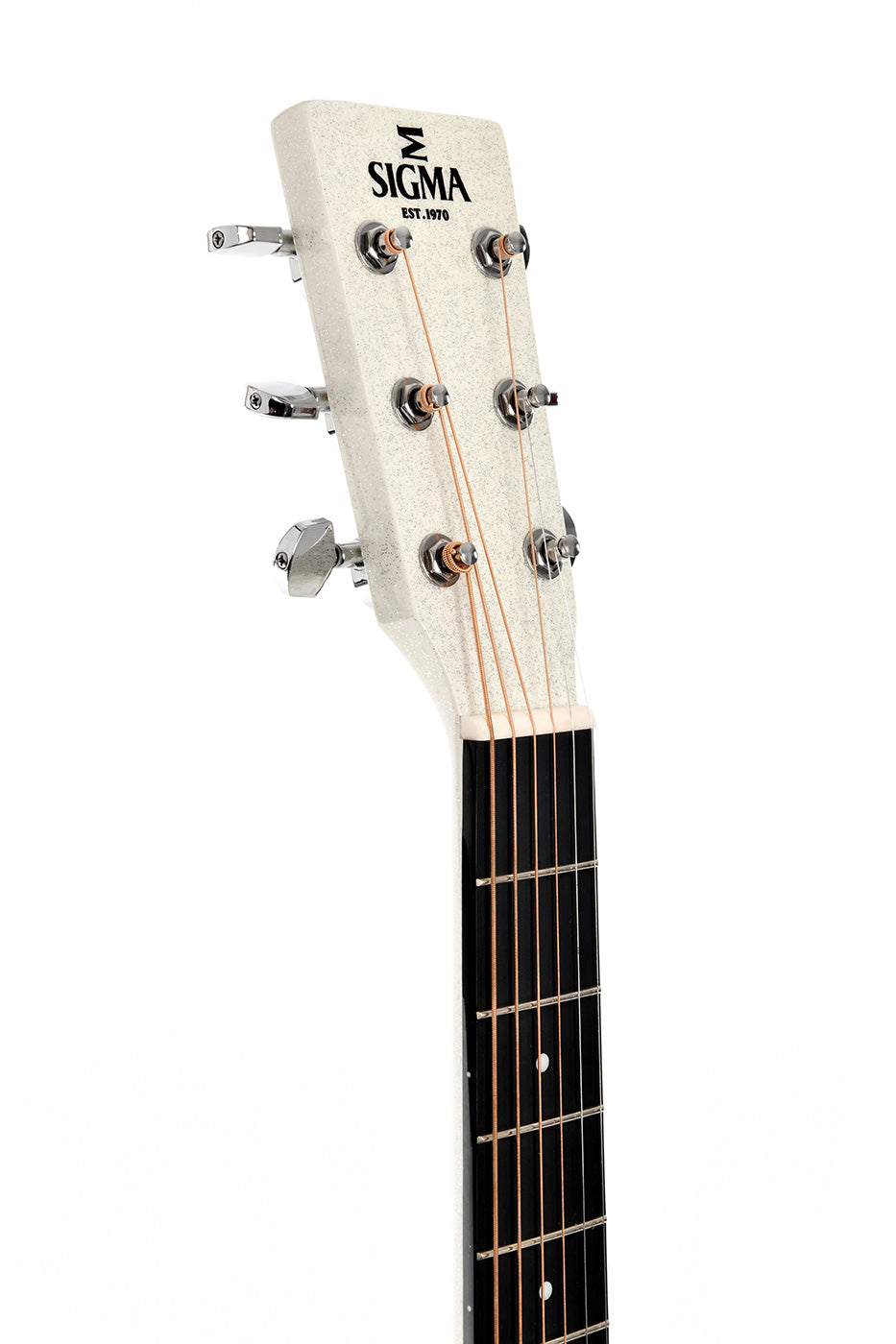 Close-up of a Sigma acoustic guitar headstock showing six tuning pegs, strings, and the black SIGMA logo with "EST. 1970" on a white surface.