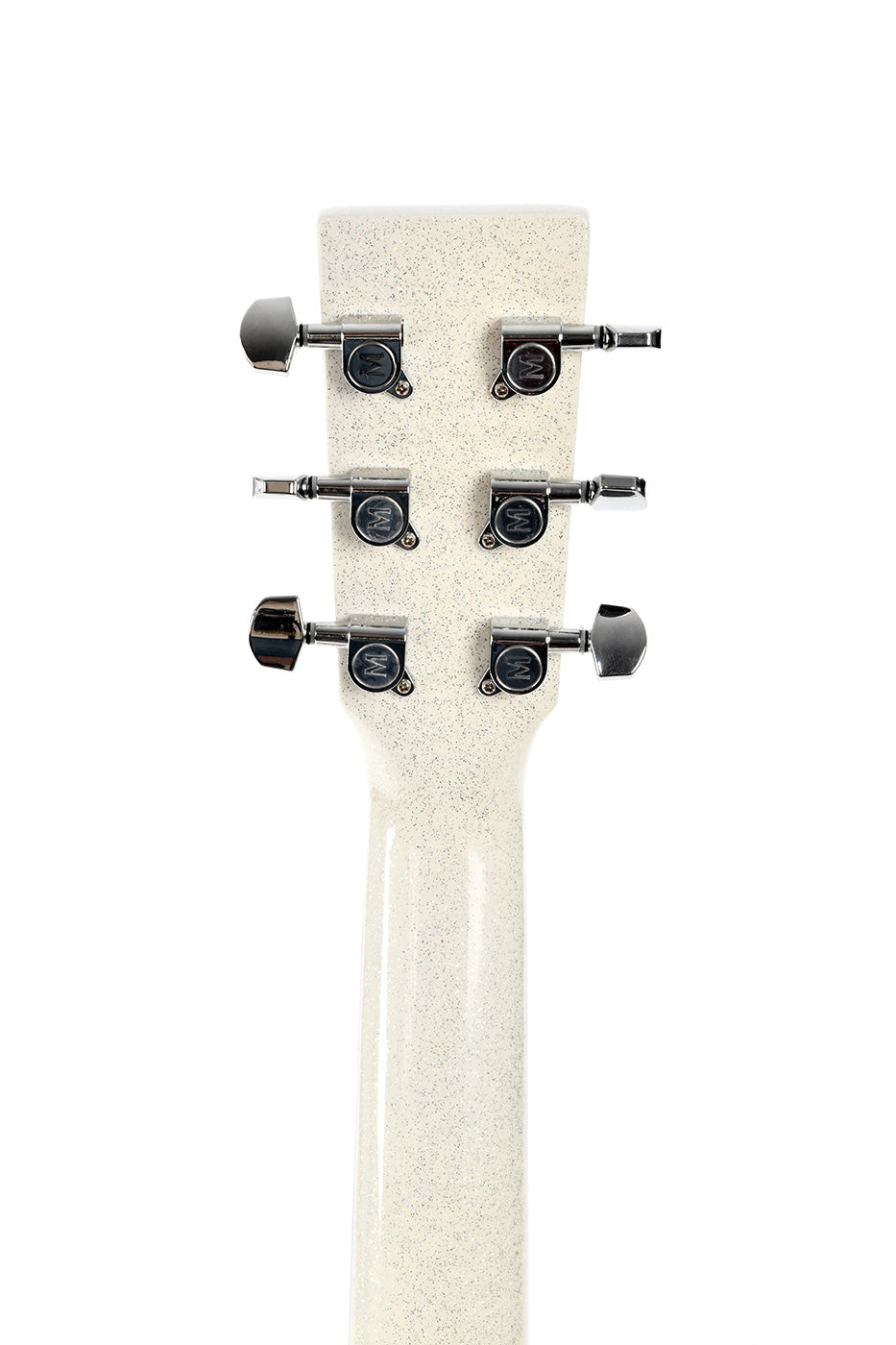 Back of an acoustic guitar headstock showing six chrome tuning pegs on a speckled white neck, three pegs on each side.