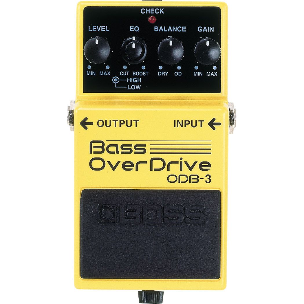 Yellow Boss Bass OverDrive ODB-3 effects pedal with four control knobs labeled Level, EQ, Balance, Gain, and a large black footswitch.