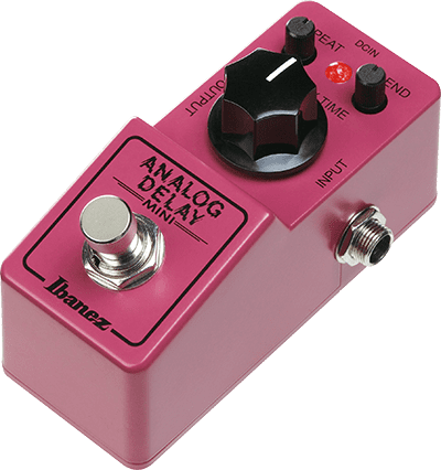 Pink Ibanez Analog Delay Mini FX pedal with a large black knob, footswitch, two small knobs, input and output jacks, and a red LED indicator.