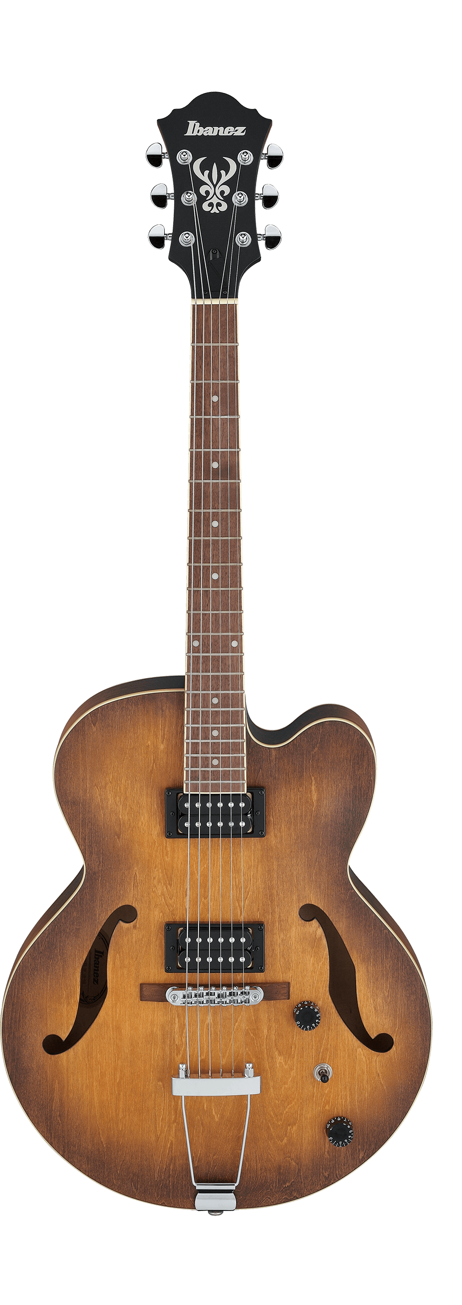 Ibanez electric guitar with a brown sunburst finish, two humbucker pickups, f-shaped sound holes, and chrome hardware. Hollow body style.