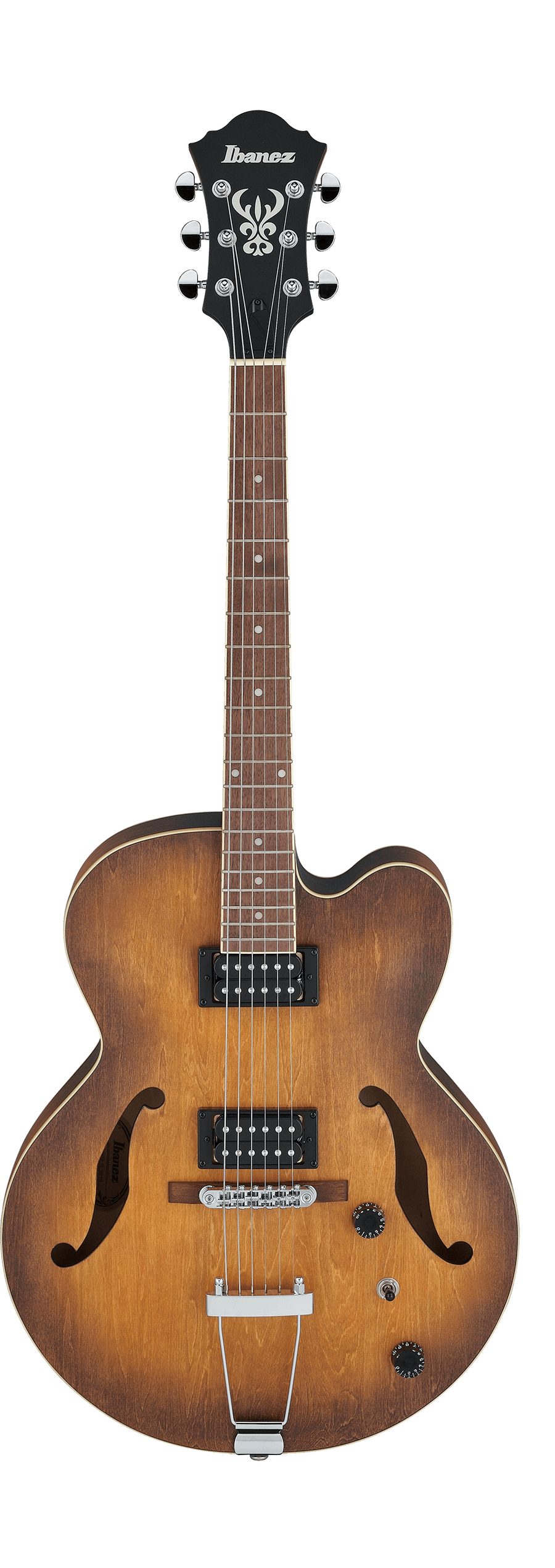 Ibanez electric guitar with a brown sunburst finish, two humbucker pickups, f-shaped sound holes, and chrome hardware. Hollow body style.