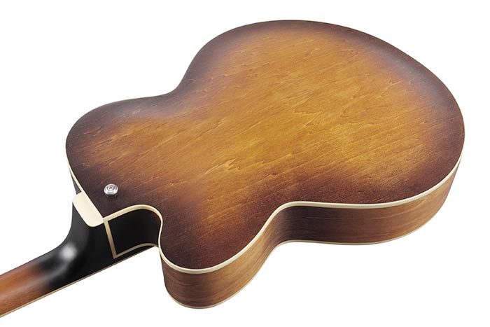 Electric guitar back with a sunburst wood finish, cream binding along the edges, and a strap button on the upper side. No electronic parts are visible.