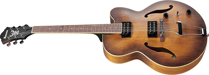 Semi-hollow body electric guitar with a brown sunburst finish, dual humbucker pickups, two control knobs, and two f-shaped sound holes.