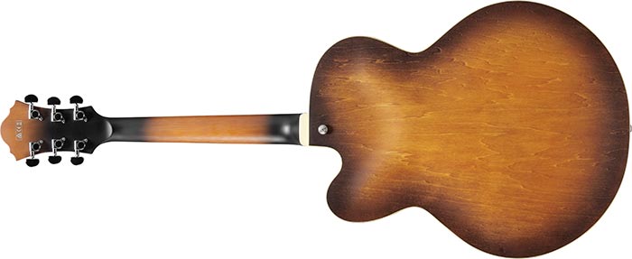 Sunburst-finish electric guitar shown from the back, highlighting a large, rounded body with a natural wood grain and dark edges.