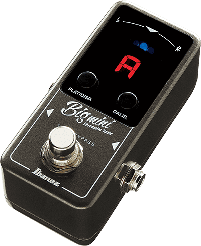 Ibanez Bigmini chromatic pedal tuner with a large red LED display showing the note A, two control knobs, and a silver footswitch.