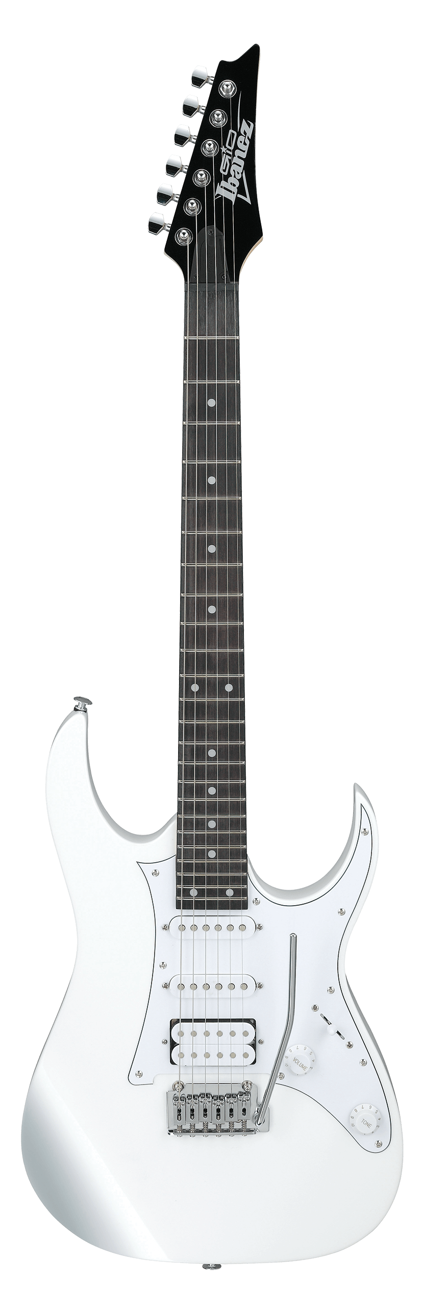 White electric guitar with a double-cutaway body, three pickups, a tremolo bridge, black fretboard, and the Ibanez logo on the black headstock.