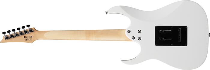 White electric guitar shown from the back, featuring a light wood neck, black tuning pegs, and a rectangular black electronics cover on the body.