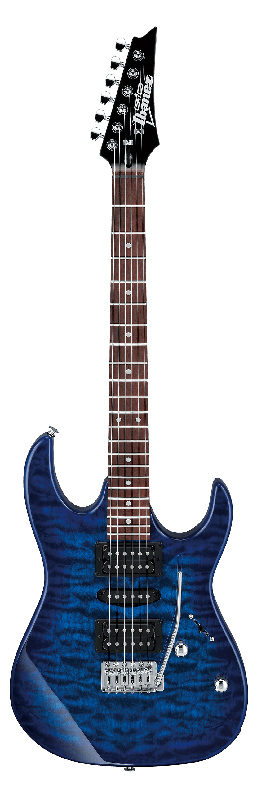 Ibanez electric guitar with a blue quilted maple top, two humbucker pickups, whammy bar, dot inlays, and chrome hardware.