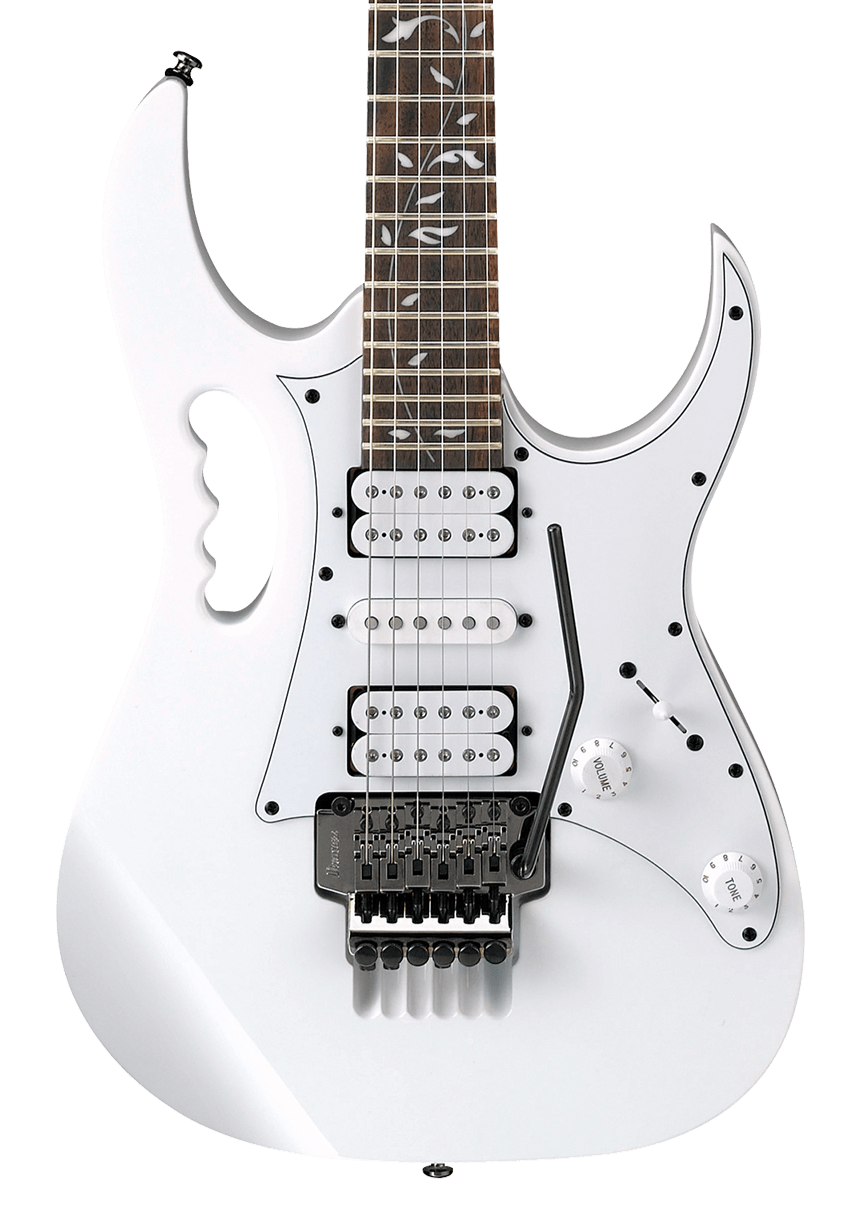White electric guitar with three pickups, two control knobs, a whammy bar, vine inlays on fretboard, and a sculpted handle cutout on the body.