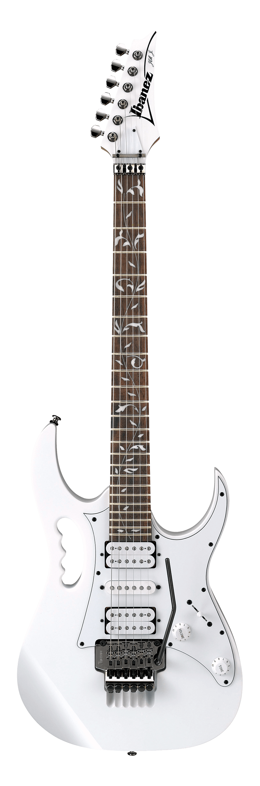 Ibanez electric guitar, white body with contoured handle cutout, vine inlay on fretboard, three pickups, whammy bar, and two control knobs.