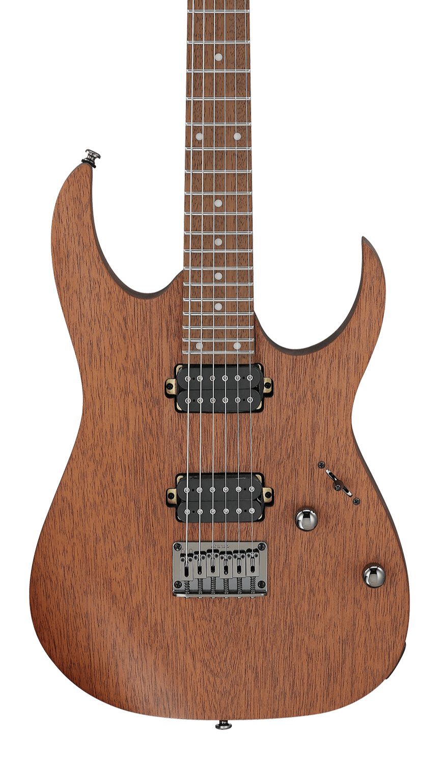 Electric guitar with a natural wood finish, two humbucker pickups, a fixed bridge, one switch, two knobs, and a double-cutaway body.
