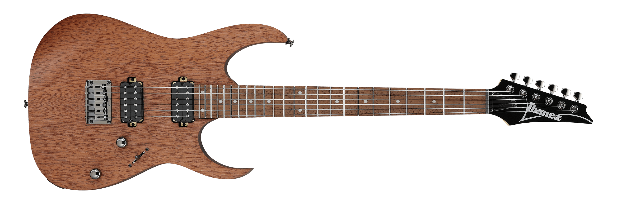 Ibanez electric guitar with natural wood finish, two humbucker pickups, dot inlays on fretboard, six strings, and black headstock with logo.