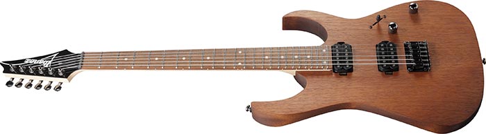 Natural wood finish electric guitar with two black humbucker pickups, three control knobs, and a black pointed headstock with six tuning pegs.