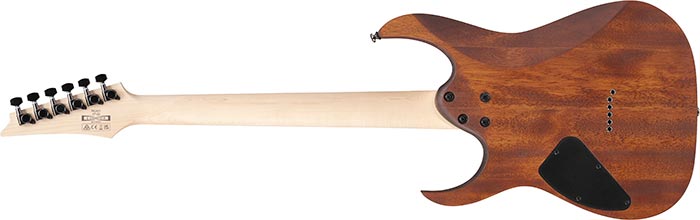 Electric guitar rear view showing a natural wood body, maple neck, black tuning pegs, and a black plastic electronics cover on the back.