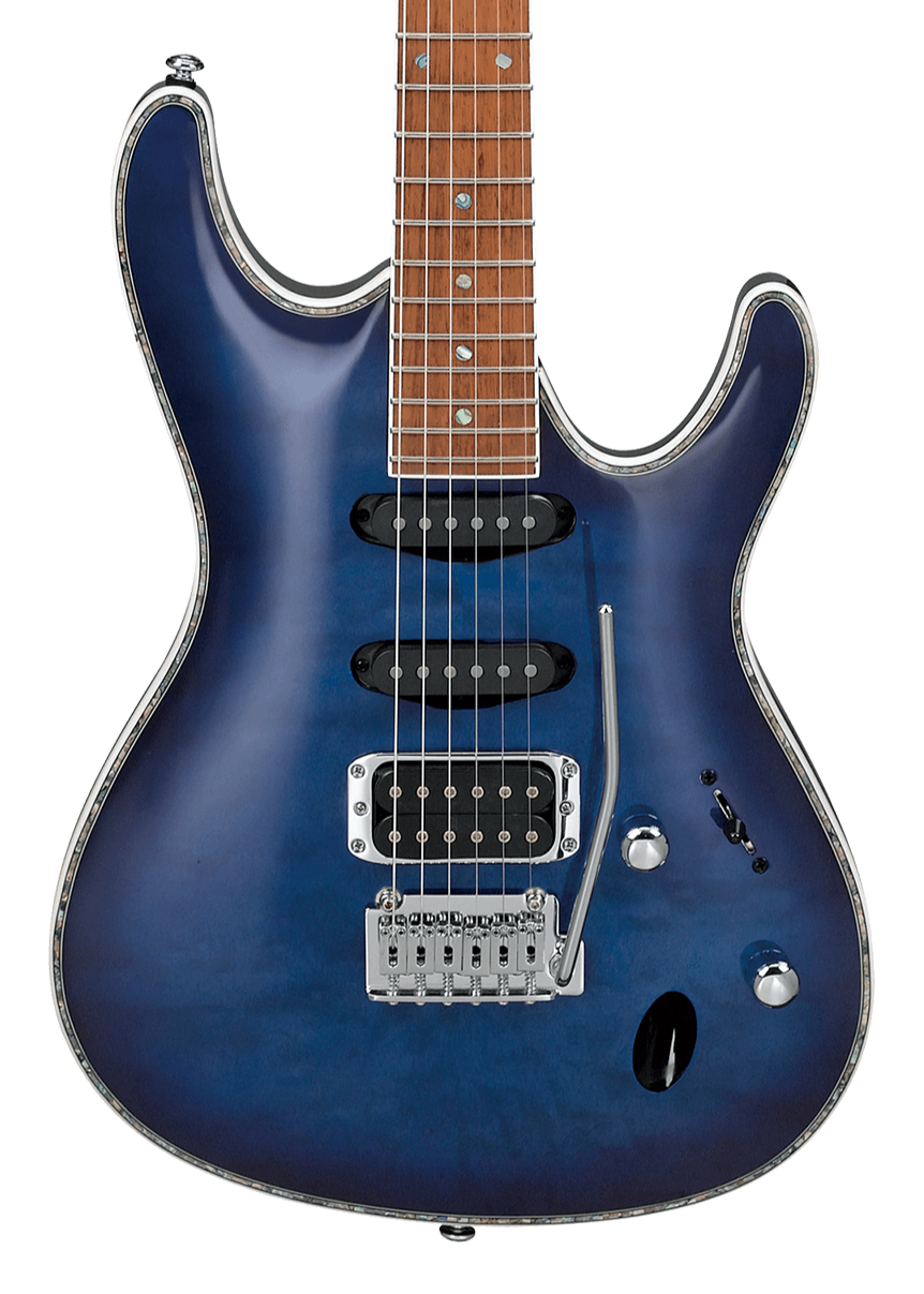 Blue electric guitar with a glossy finish, three pickups, chrome hardware, a whammy bar, and a dark wood fretboard with dot inlays.