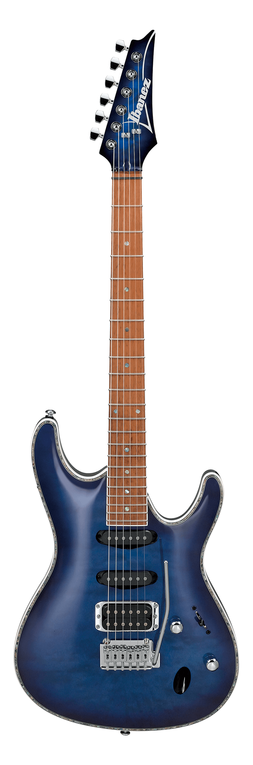 Ibanez electric guitar with a blue glossy double cutaway body, six strings, chrome hardware, tremolo bar, and two pickups.