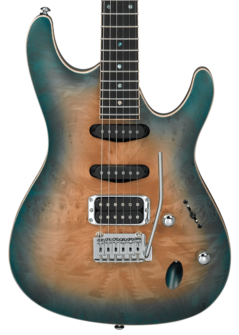 Electric guitar with a turquoise-to-natural brown burst finish, three black pickups, chrome tremolo bridge, and two chrome knobs with a switch.