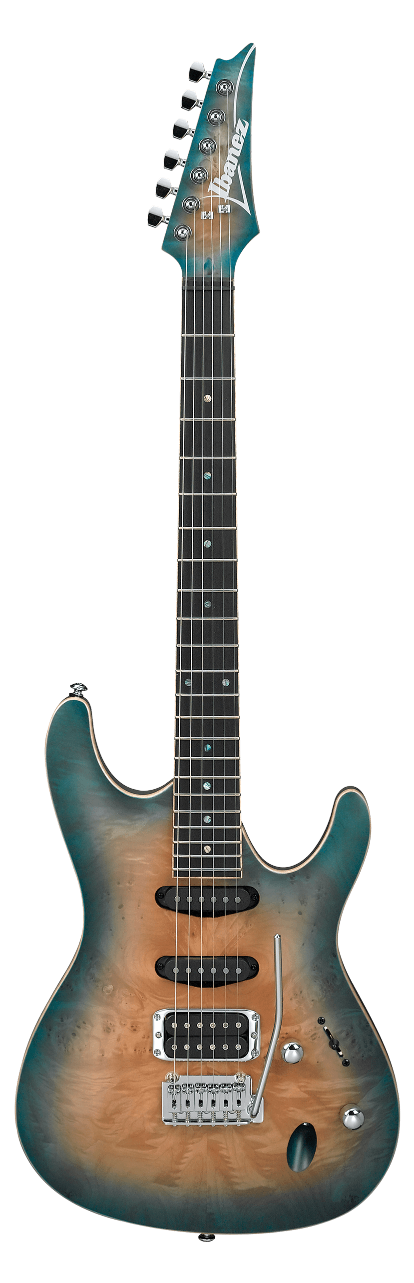 Ibanez electric guitar with a blue-green and natural wood burst finish, two pickups, tremolo bar, and chrome hardware.