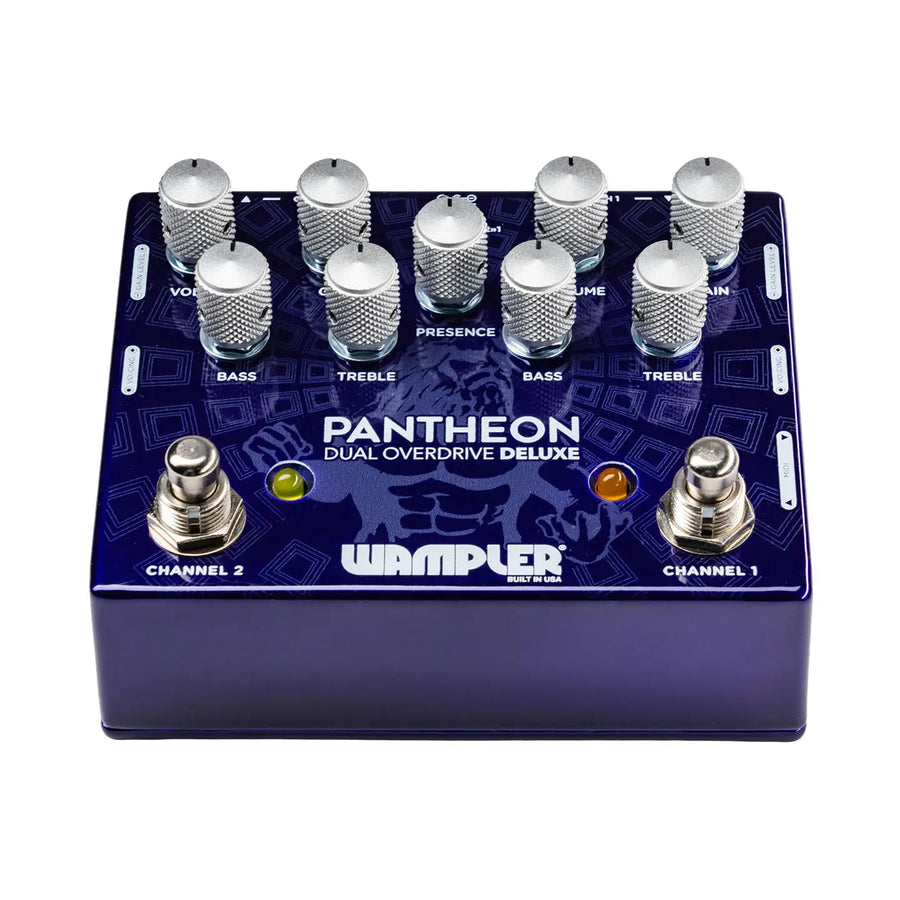 Wampler Pantheon Dual Overdrive Deluxe FX pedal, purple with two footswitches, eight silver control knobs, labeled for bass, treble, presence, and volume.