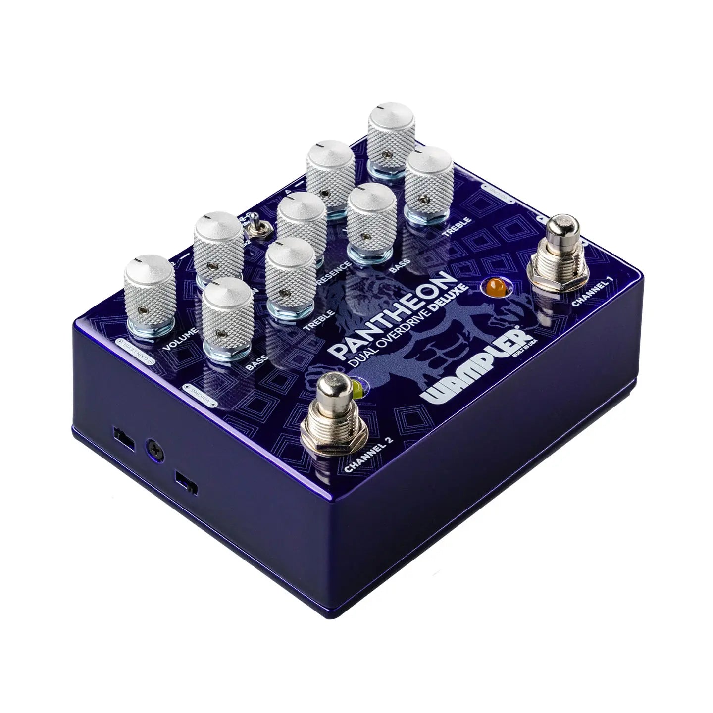 Purple Wampler Pantheon Dual Overdrive Deluxe FX pedal with ten silver knobs, two footswitches, labeled controls, and a geometric lion design.