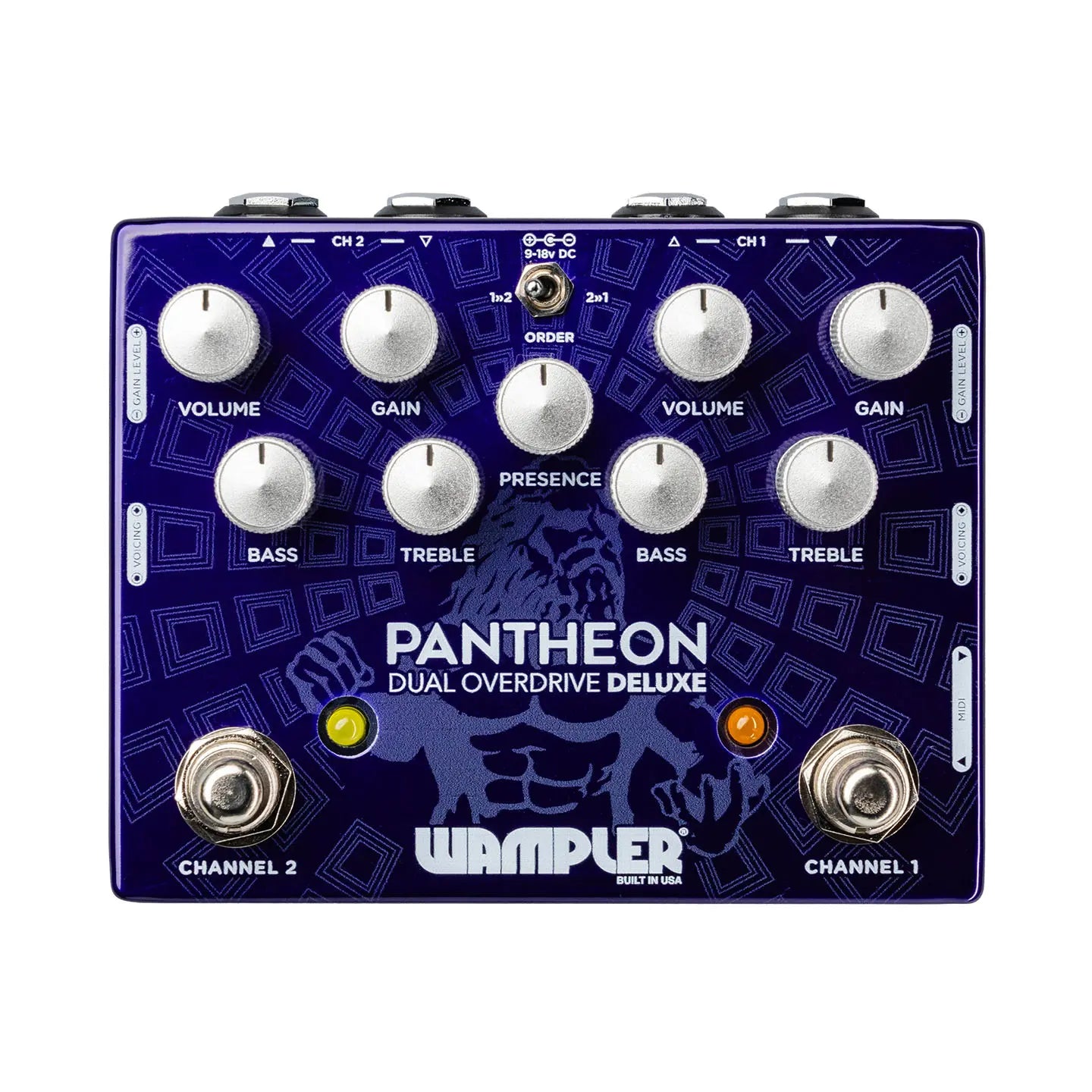 Wampler Pantheon Dual Overdrive Deluxe FX pedal, blue with two footswitches, eight silver knobs, center presence control, lion graphic.