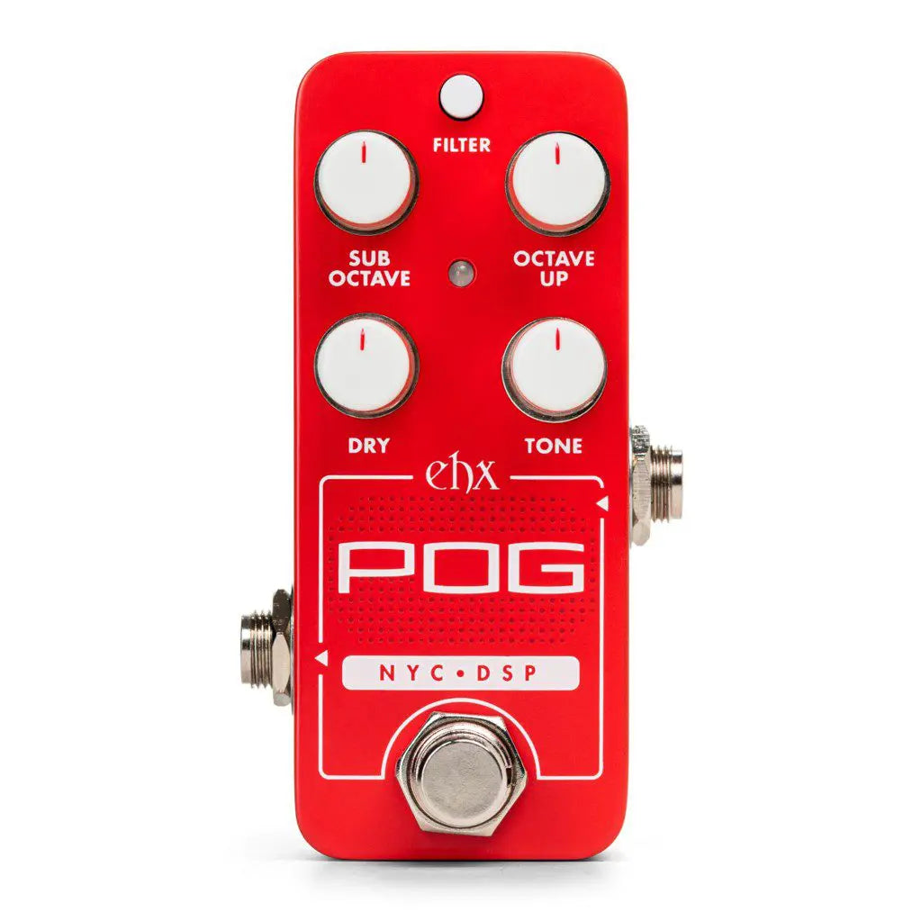 Red effects pedal with four white knobs labeled Filter, Sub Octave, Octave Up, Dry, and Tone, plus a large footswitch and input jacks on each side.