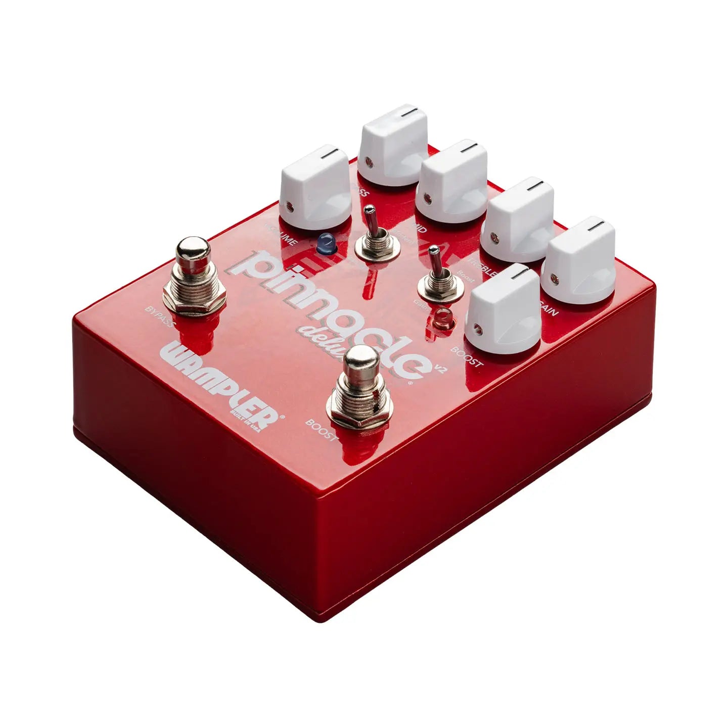 Red Wampler Pinnacle Deluxe FX pedal with six white knobs, two footswitches, and two toggle switches on the top panel.