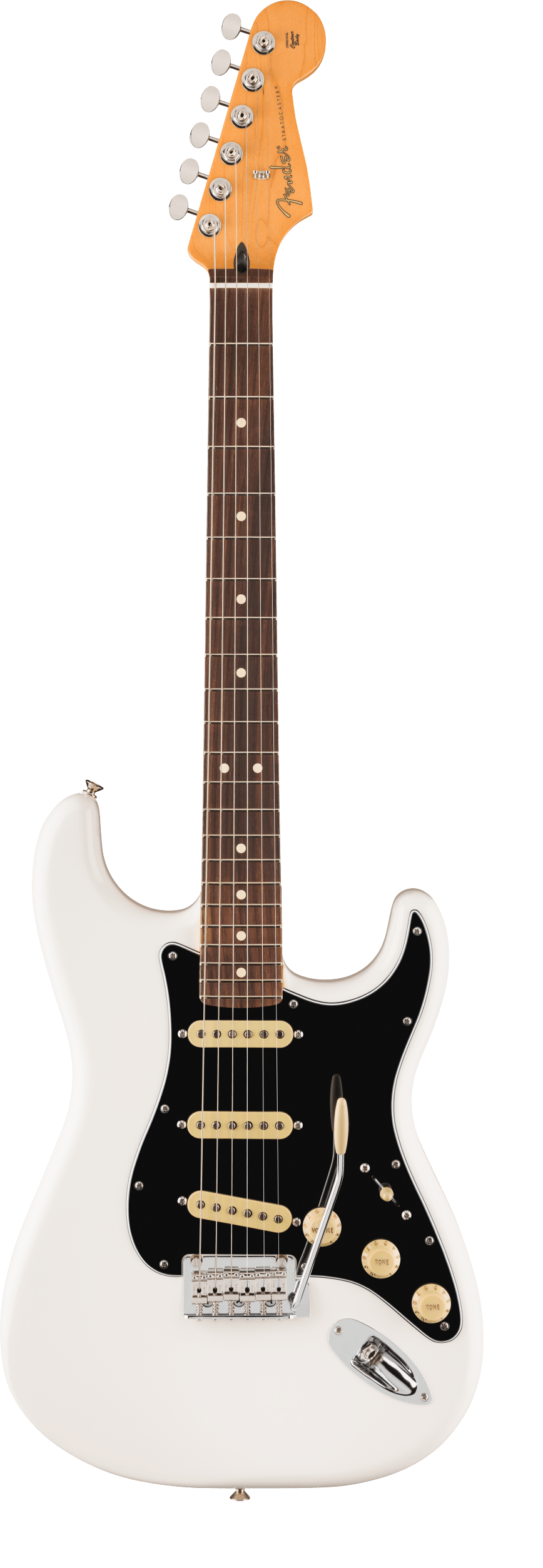 White electric guitar with a black pickguard, three yellow pickups, a tremolo bar, and gold control knobs.