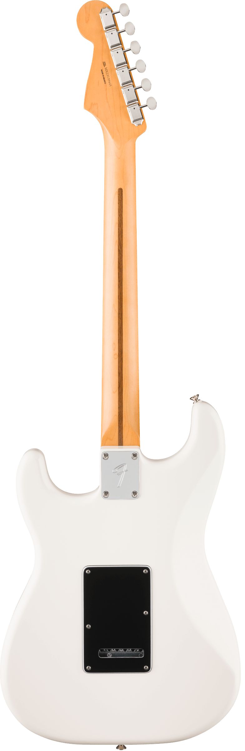 White electric guitar shown from the back, with a natural wood neck, silver tuning pegs, and a rectangular black plate on the body.