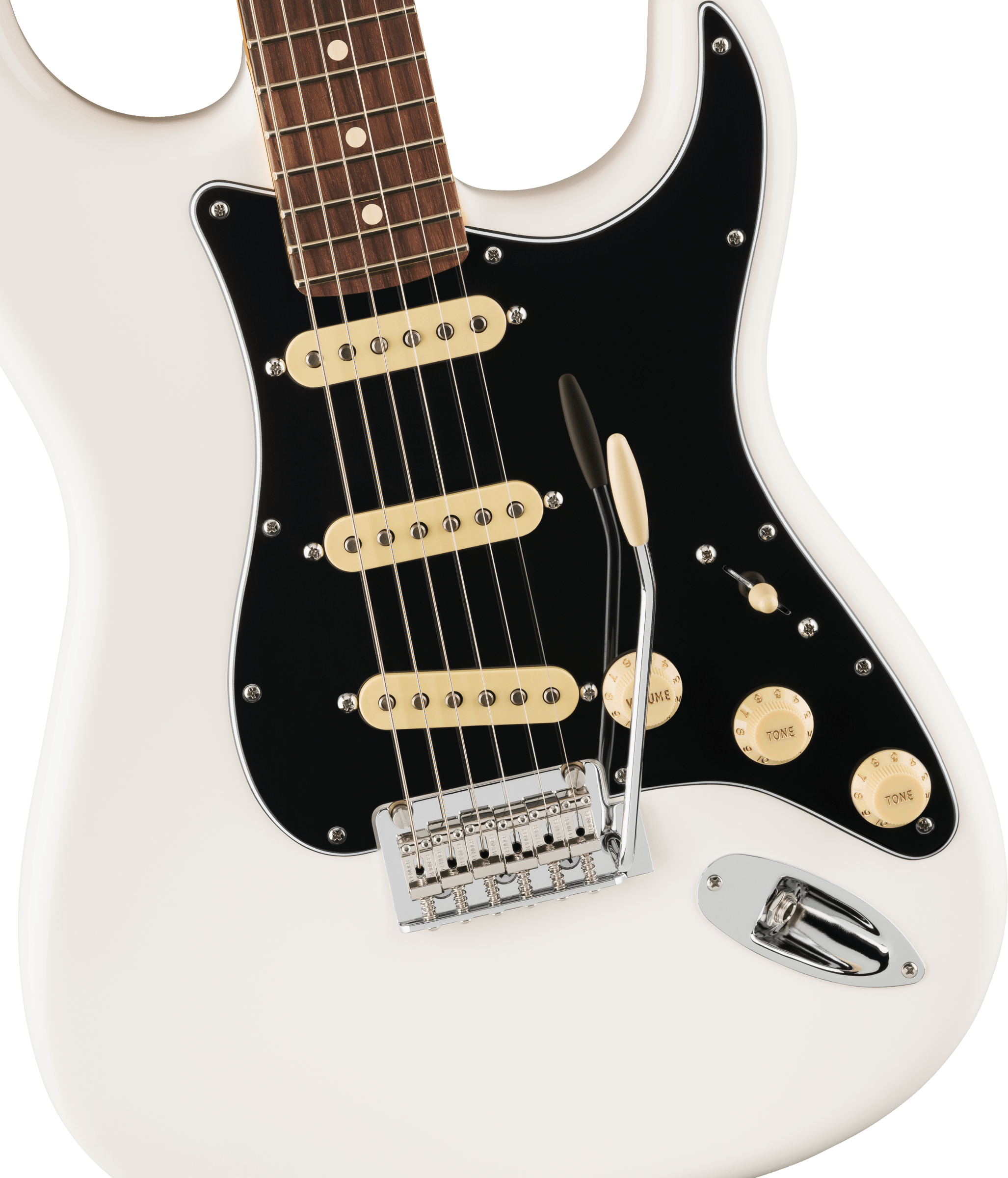 White electric guitar with a black pickguard, three cream single-coil pickups, cream knobs, and a chrome tremolo arm.