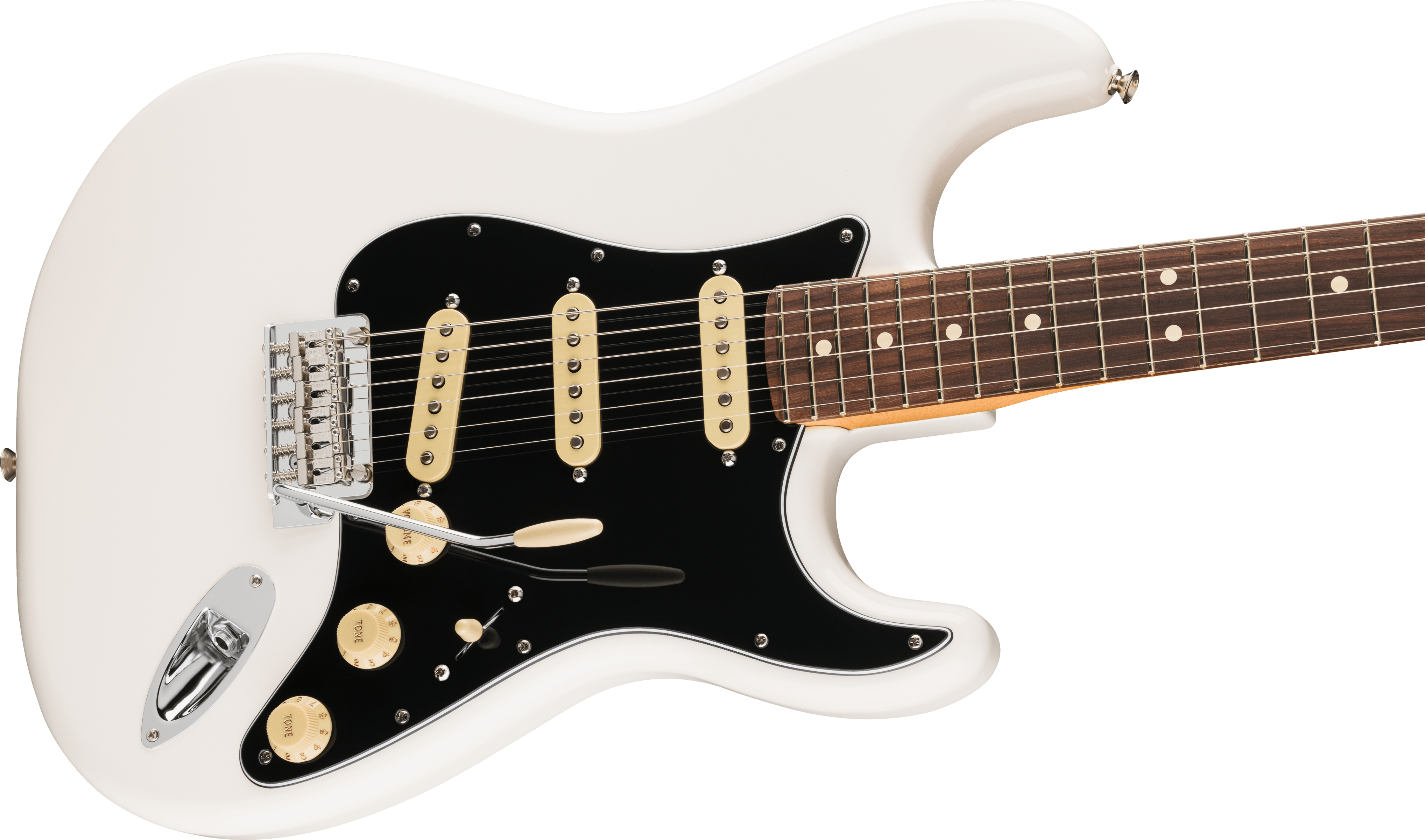 White electric guitar with a black pickguard, three cream-colored single-coil pickups, rosewood fretboard, and chrome tremolo bridge.