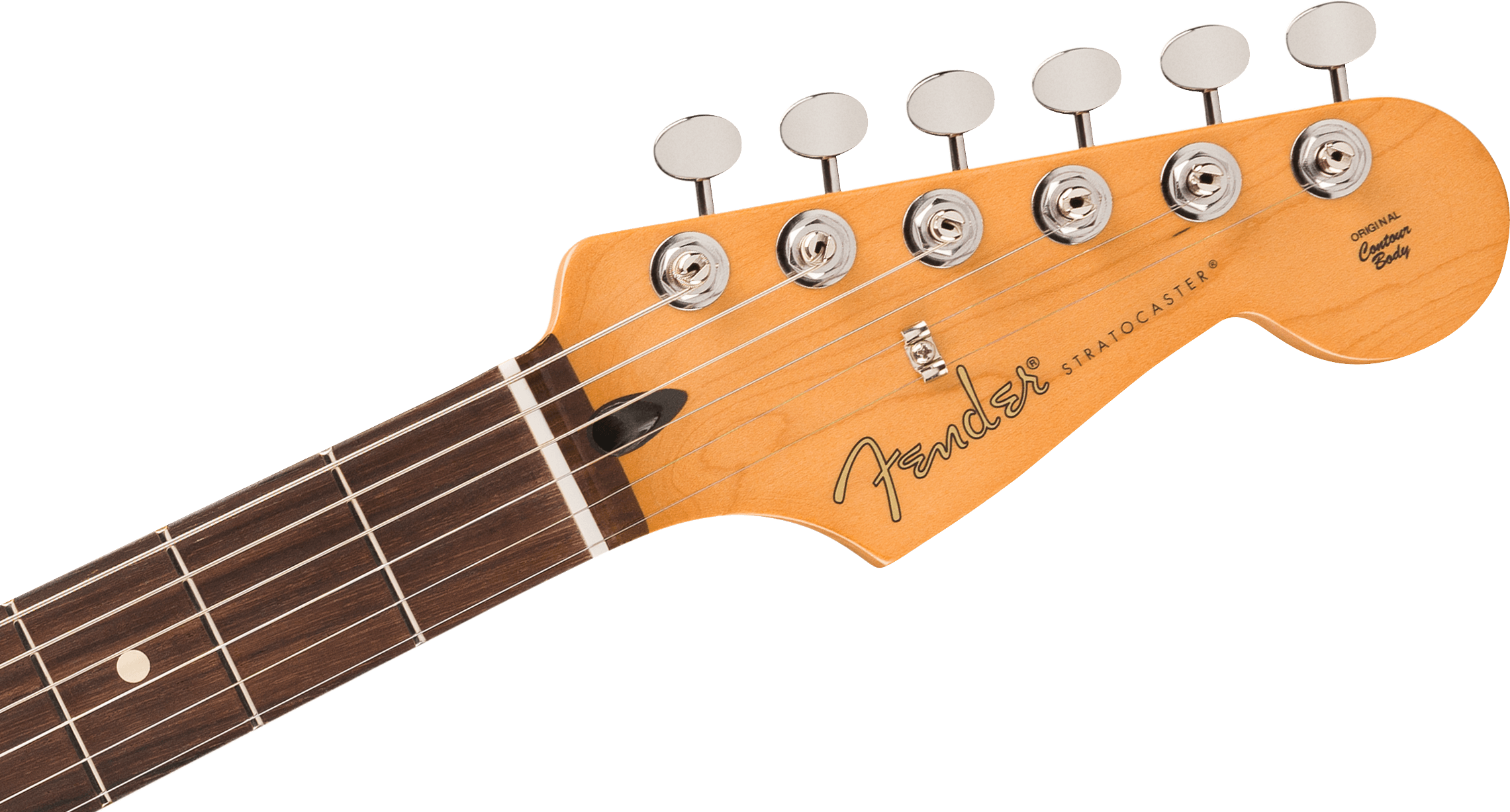 Close-up of a Fender Stratocaster electric guitar headstock with six tuning pegs and a rosewood fretboard.