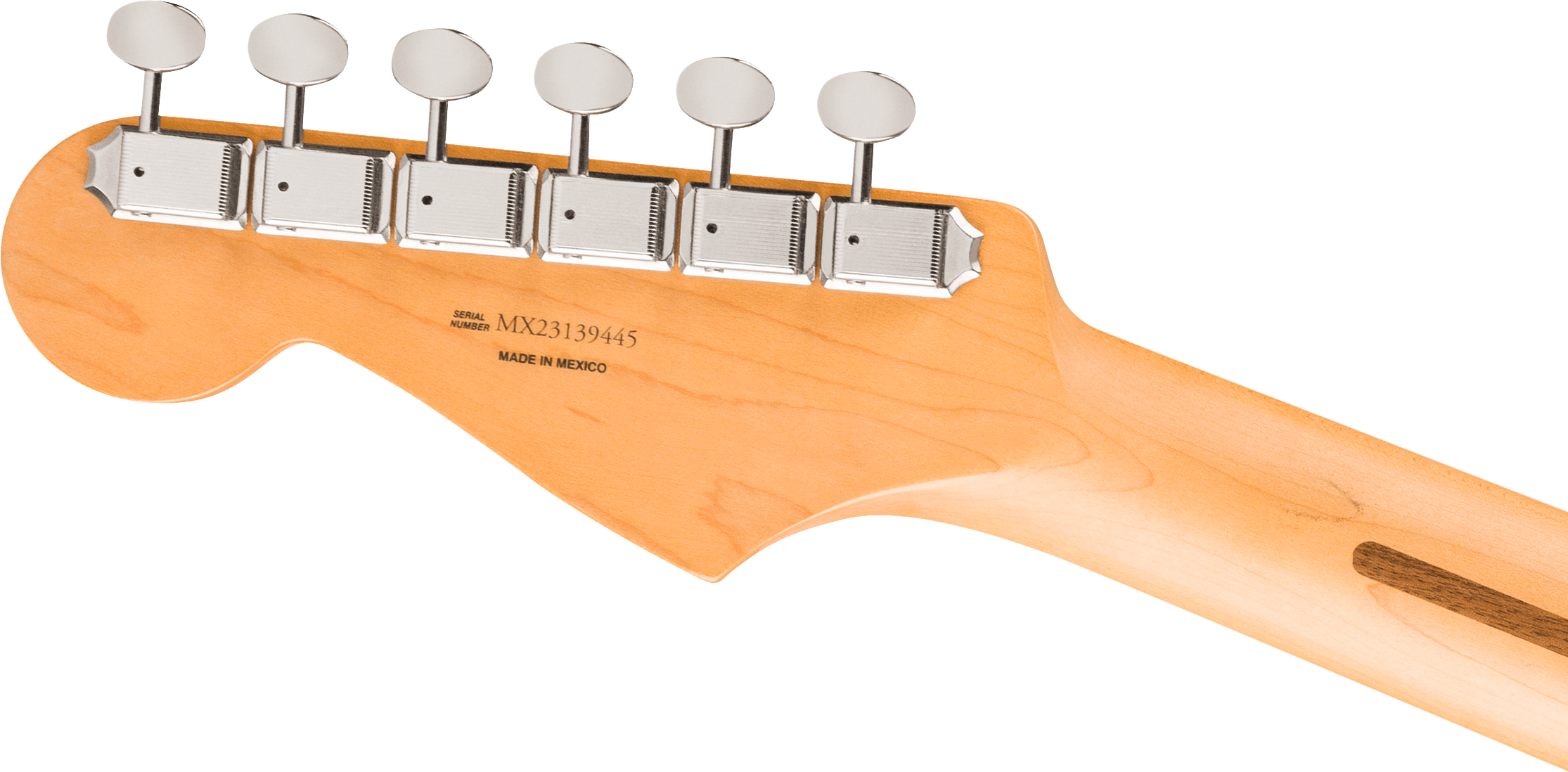 Back of an electric guitar headstock showing six chrome tuning pegs, natural wood finish, and serial number with "Made in Mexico" text.