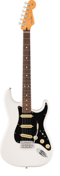 White electric guitar with a black pickguard, three yellow pickups, a tremolo bar, and gold control knobs.