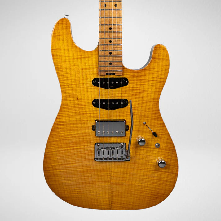 Amber-finish electric guitar with a flamed maple body, three pickups, silver bridge, volume and tone knobs, and a whammy bar.