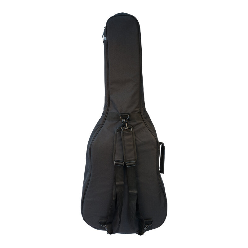 A black padded electric guitar gig bag with backpack straps and a side carrying handle, shown zipped up and upright against a plain background.