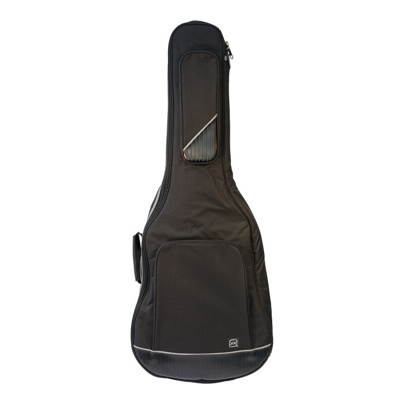 Black soft guitar case with front pockets, zipper closure, and reinforced bottom, designed for carrying and protecting an electric guitar.