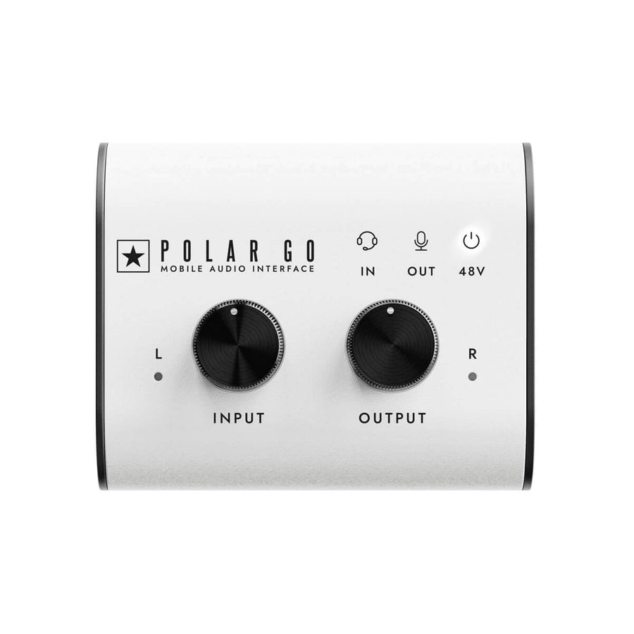 Polar Go mobile audio interface with two large black knobs for input and output, labeled L and R, plus headphone, mic, and 48V power icons.