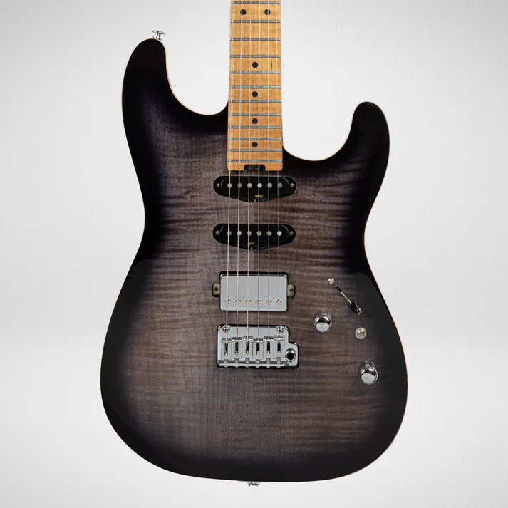Electric guitar with a smoky black burst finish, maple neck, three pickups, and chrome bridge, knobs, and selector switch on the body.