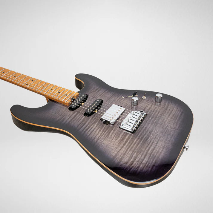 Electric guitar with a grey-to-black burst finish, maple neck, two pickups, two control knobs, and a metal bridge.