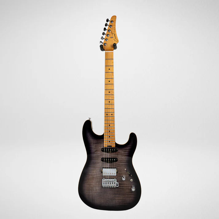 Electric guitar with a glossy black-to-grey gradient body, maple neck, three pickups, and chrome bridge with control knobs.
