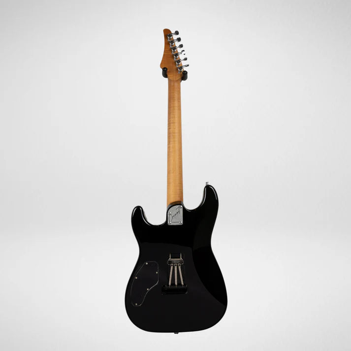 Black electric guitar shown from the back, with a maple neck, six tuning pegs, a chrome neck plate, and no visible strings or pickups.
