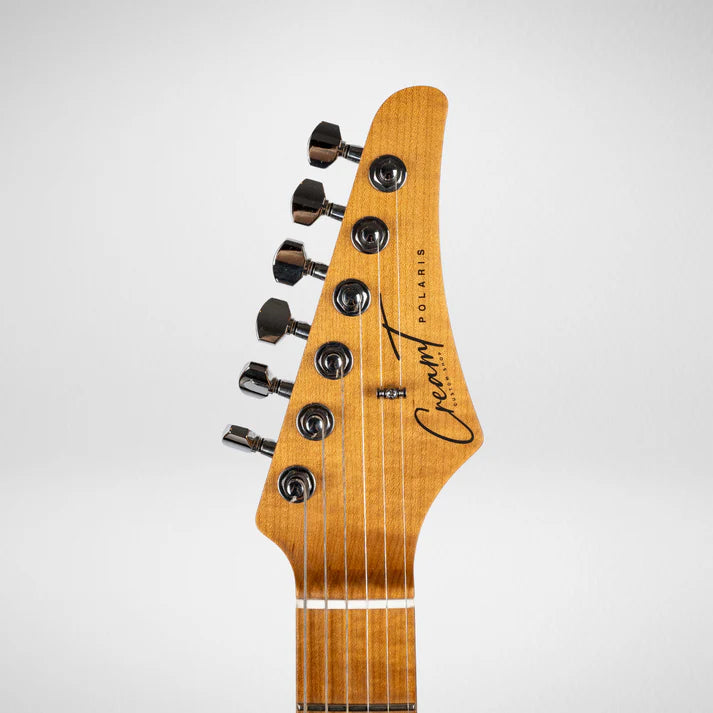 Six-string electric guitar headstock with six chrome tuning pegs, natural wood finish, and "Cream Polaris" branding in black letters.